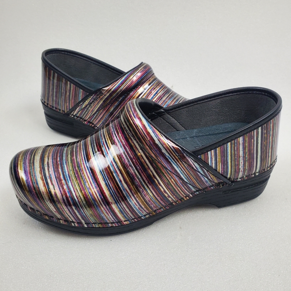 Dansko XP Women Size 10.5-1 1 Clogs Rainbow Striped Patent Leather Slip On EU 41